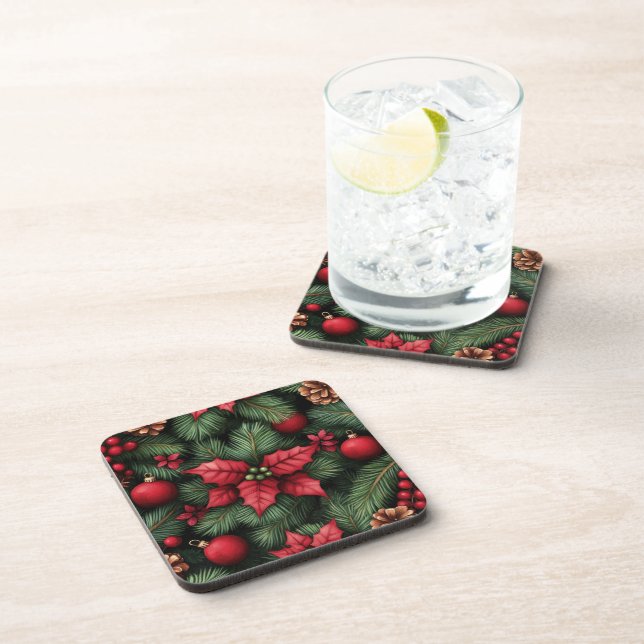 Festive Holly & Pine Christmas Beverage Coaster (Right Side)