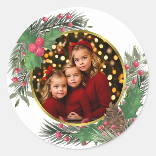 Festive Holly  Pine Christmas or Holiday Photo  Classic Round Sticker