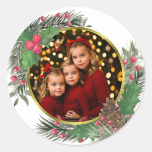 Festive Holly & Pine Christmas or Holiday Photo Classic Round Sticker