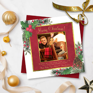 Festive Holly & Pine Crimson Red Photo Christmas Holiday Card