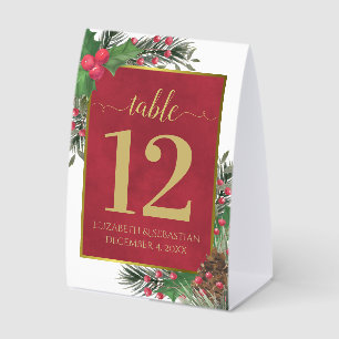 Festive Holly & Pine Elegant Wedding Table Number Paper Table Tent