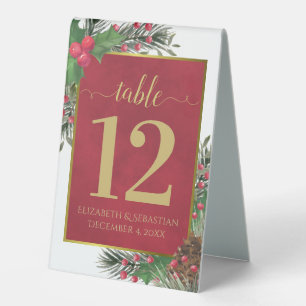 Festive Holly & Pine Elegant Wedding Table Number Table Tent