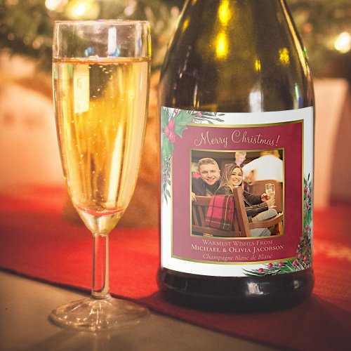 Festive Holly  Pine Merry Christmas Photo Holiday Sparkling Wine Label