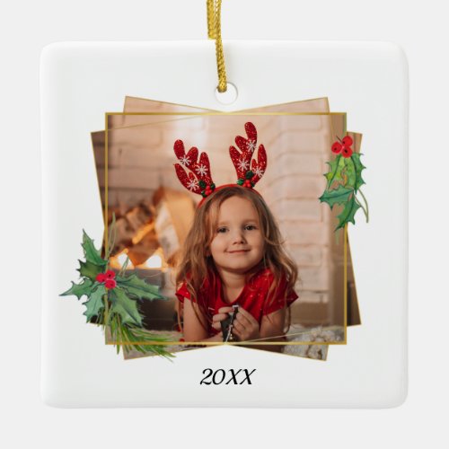 Festive Holly  Pine with Gold Frame Photo Ceramic Ornament