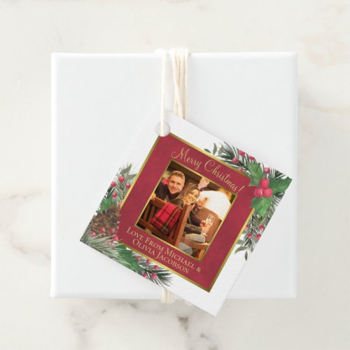Festive Holly  Pine with Photo Merry Christmas Favor Tags