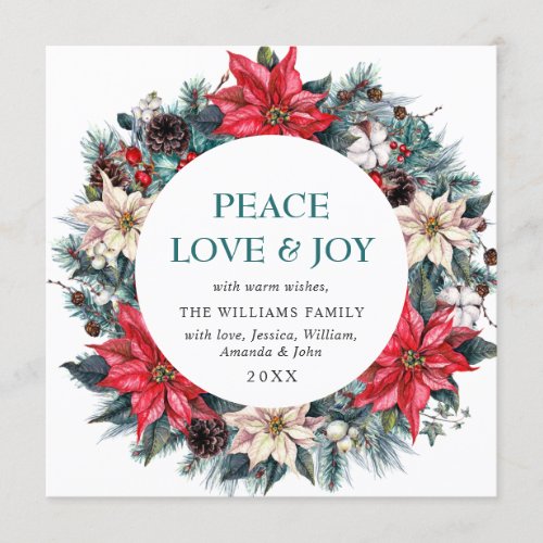 Festive Holly Poinsettia Wreath Christmas Greeting Holiday Card