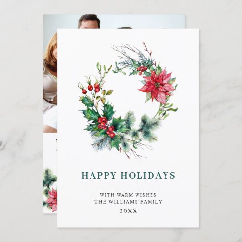 Festive Holly Poinsettia Wreath Christmas Greeting Holiday Card