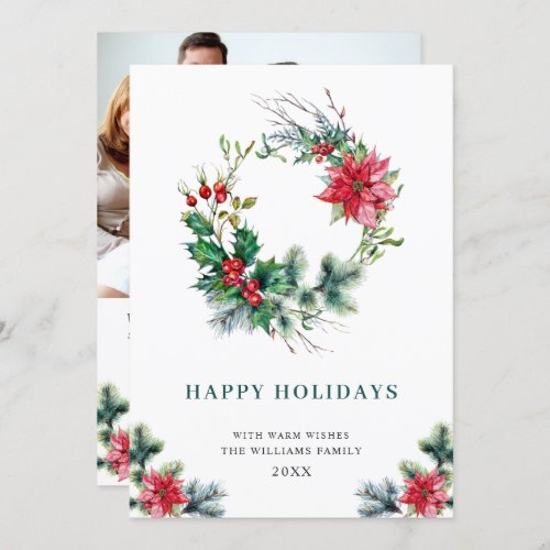 Festive Holly Poinsettia Wreath Christmas Greeting Holiday Card