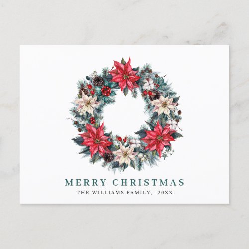 Festive Holly Poinsettia Wreath Christmas Greeting Holiday Postcard