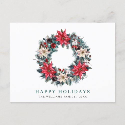 Festive Holly Poinsettia Wreath Christmas Greeting Holiday Postcard
