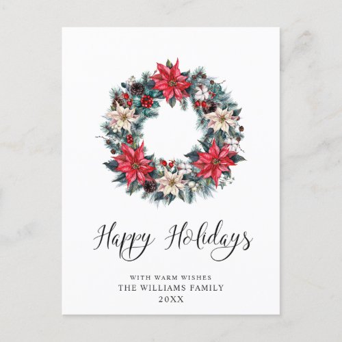 Festive Holly Poinsettia Wreath Christmas Greeting Holiday Postcard