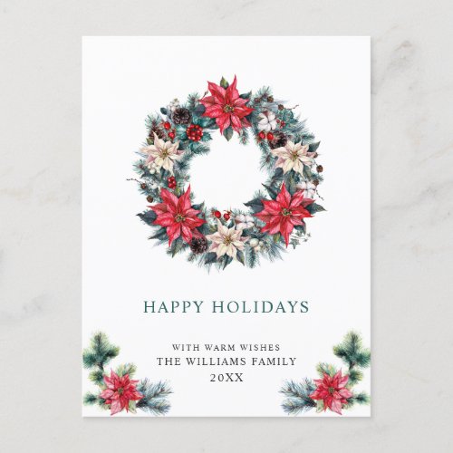 Festive Holly Poinsettia Wreath Christmas Greeting Holiday Postcard