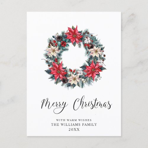 Festive Holly Poinsettia Wreath Christmas Greeting Holiday Postcard