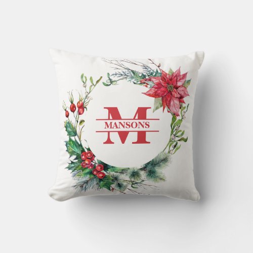 Festive Holly Poinsettia Wreath Holiday Christmas Throw Pillow