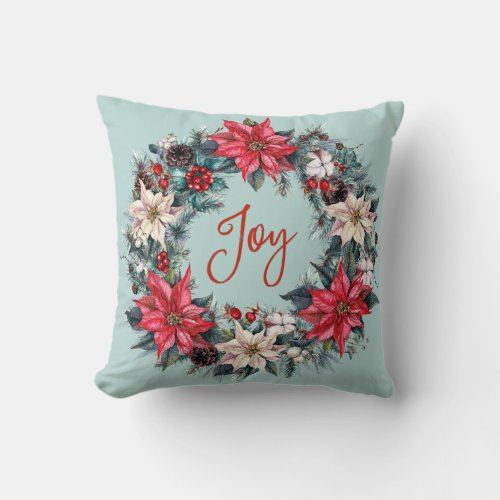 Festive Holly Poinsettia Wreath Holiday Christmas Throw Pillow