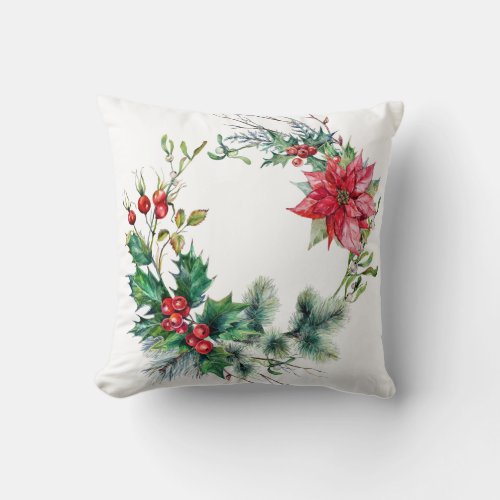 Festive Holly Poinsettia Wreath Holiday Christmas Throw Pillow
