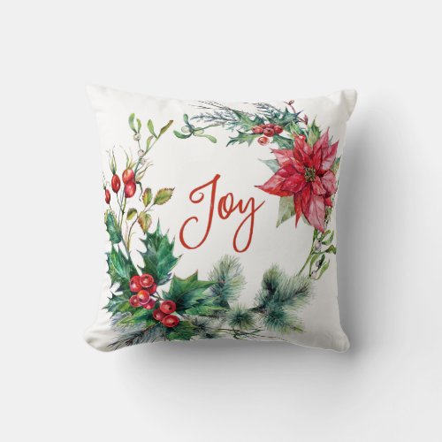 Festive Holly Poinsettia Wreath Holiday Christmas Throw Pillow