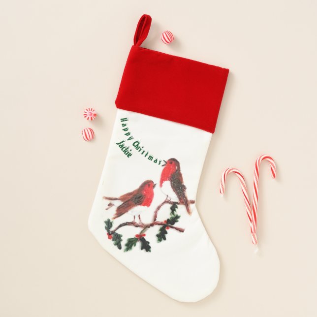 Festive Holly Robins Singing Personalized Christmas Stocking (Front)