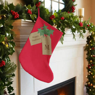 Festive Holly Sprig Red Monogrammed Happy Holidays Large Christmas Stocking