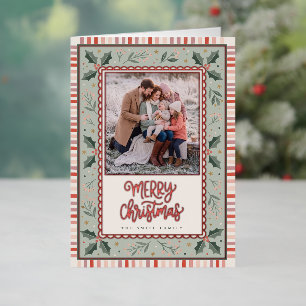 Festive Holly Stripes and Photo Family Christmas Foil Holiday Card