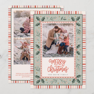 Festive Holly Stripes Family Christmas Holiday Card