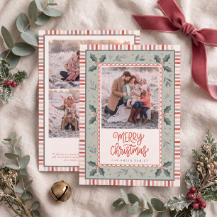 Festive Holly Stripes Family Christmas Holiday Card