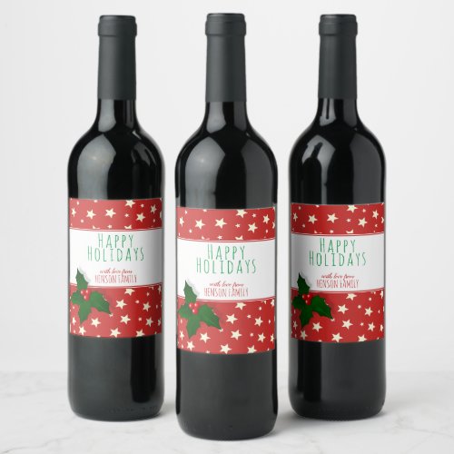 Festive Holly Tree Berry Stars Family Christmas Wine Label