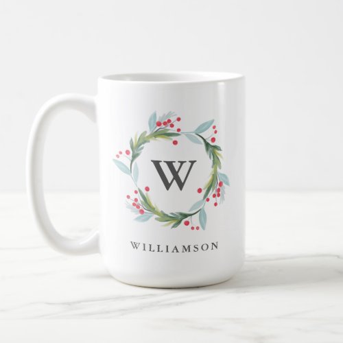 Festive Holly Watercolor Foliage Wreath  Monogram Coffee Mug