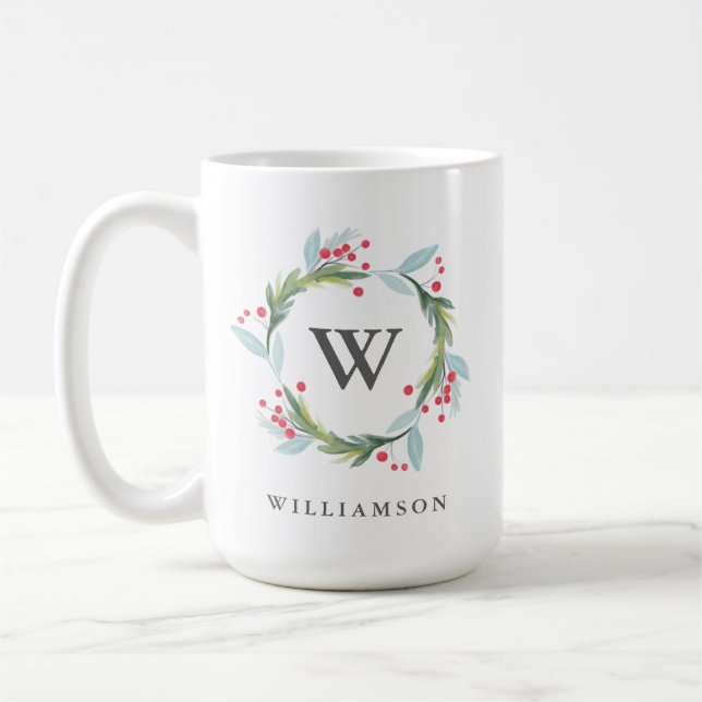 Festive Holly Watercolor Foliage Wreath & Monogram Coffee Mug (Left)