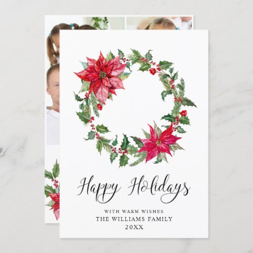 Festive Holly Wreath Christmas Greeting 3 PHOTO Holiday Card