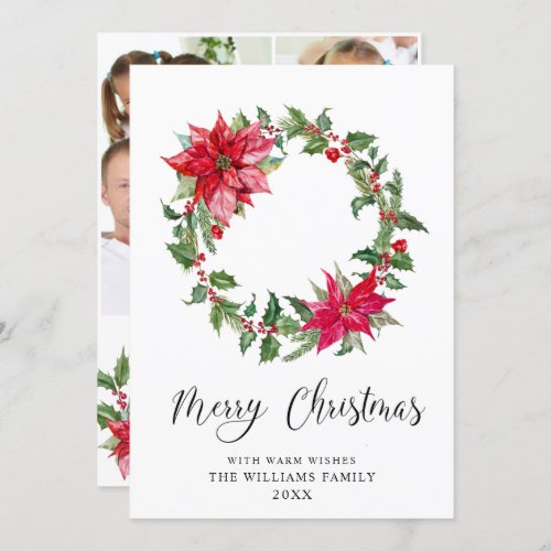 Festive Holly Wreath Christmas Greeting 3 PHOTO Holiday Card