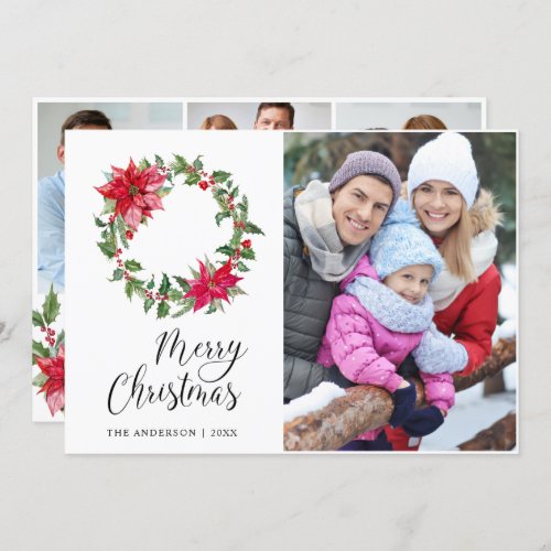 Festive Holly Wreath Christmas Greeting 4 PHOTO Holiday Card