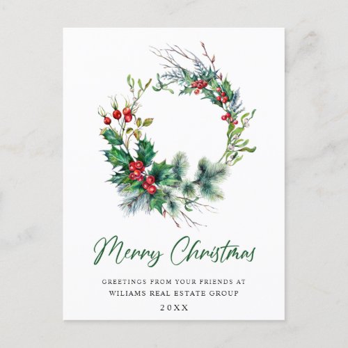 Festive Holly Wreath Christmas Greeting Holiday Postcard