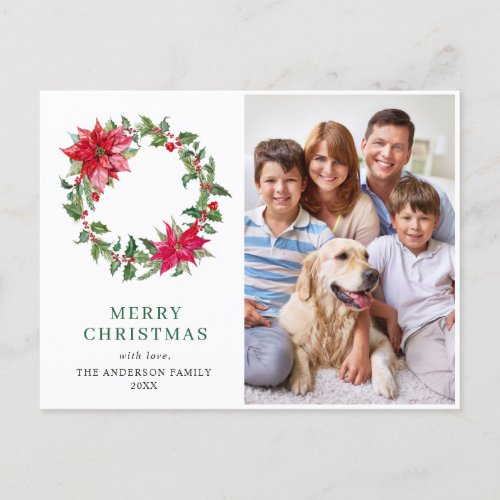 Festive Holly Wreath Christmas Greeting PHOTO Holiday Postcard