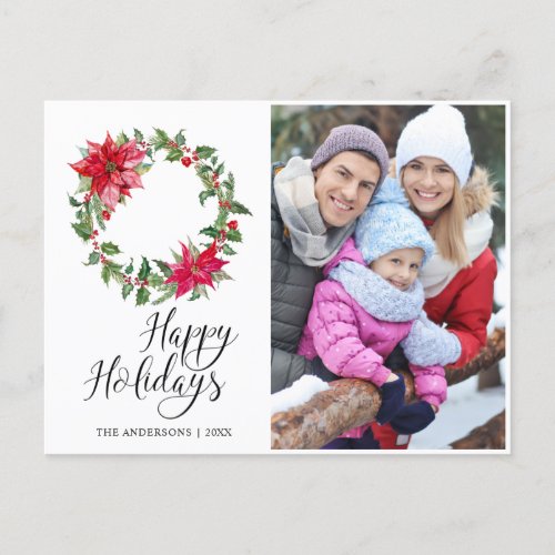 Festive Holly Wreath Christmas Greeting PHOTO Holiday Postcard