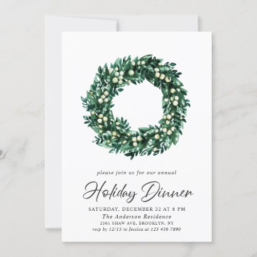 Festive Holly Wreath Christmas Holiday Dinner Invitation