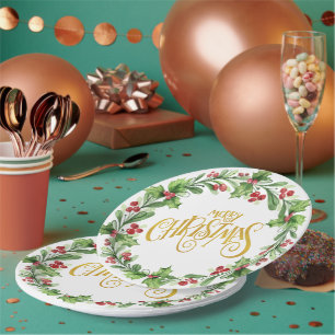 Festive Holly Wreath - Gold Foil Merry Christmas Paper Plates