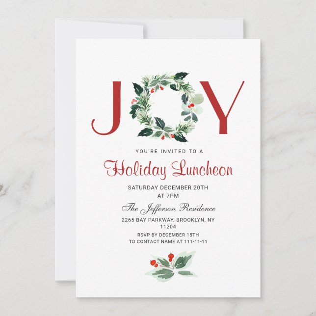 Festive Holly Wreath Holiday Christmas Luncheon Invitation (Front)