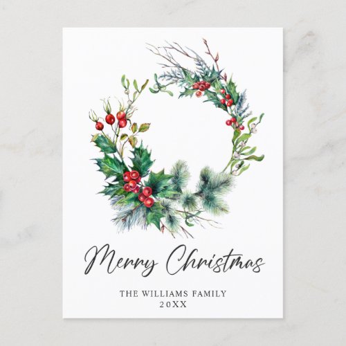 Festive Holly Wreath Merry Christmas Holiday Postcard