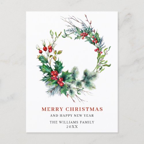 Festive Holly Wreath Merry Christmas Holiday Postcard