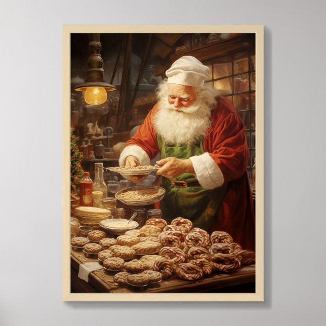 Festive home decor wall art Santa baking cookies (Framed Front)