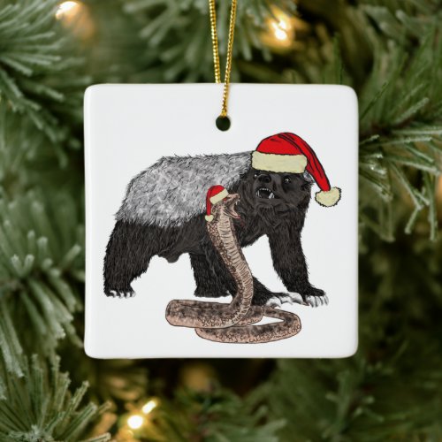 Festive Honey Badger verses Snake Funny Badass Ceramic Ornament