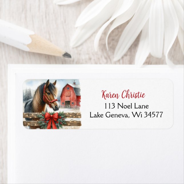Festive Horse and Red Rustic Barn Christmas Label (Insitu)