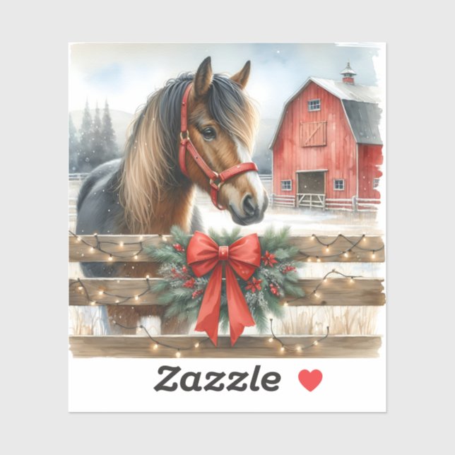 Festive Horse and Red Rustic Barn Christmas Sticker (Sheet)