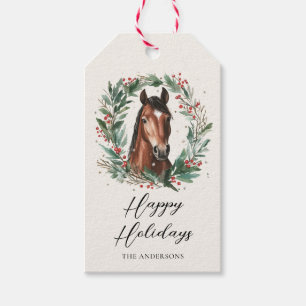 Festive Horse Christmas Wreath Happy Holidays Gift Tags