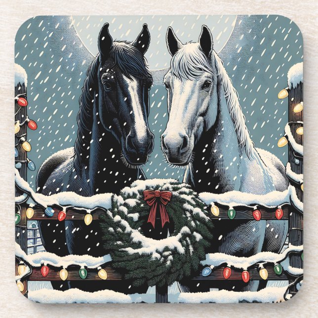 Festive Horses | Merry Christmas Beverage Coaster (Front)