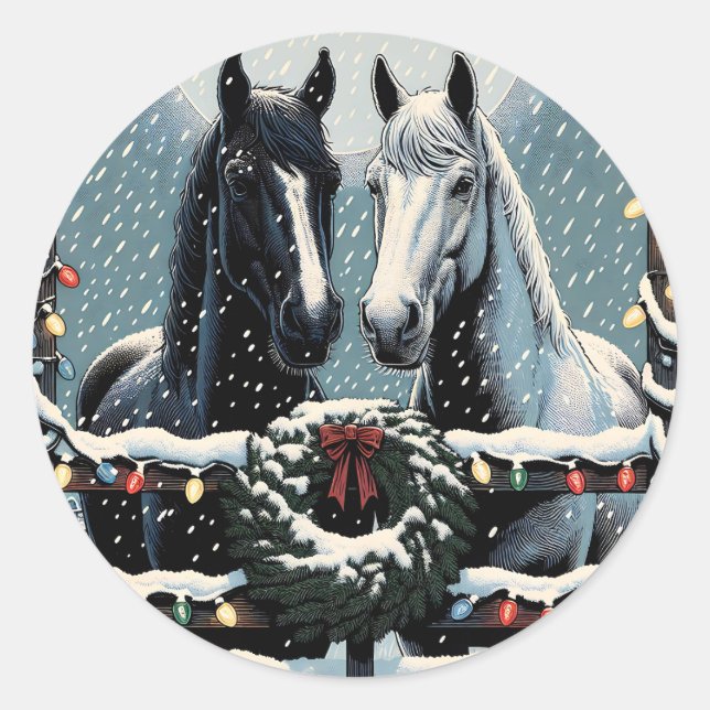 Festive Horses | Merry Christmas Classic Round Sticker (Front)