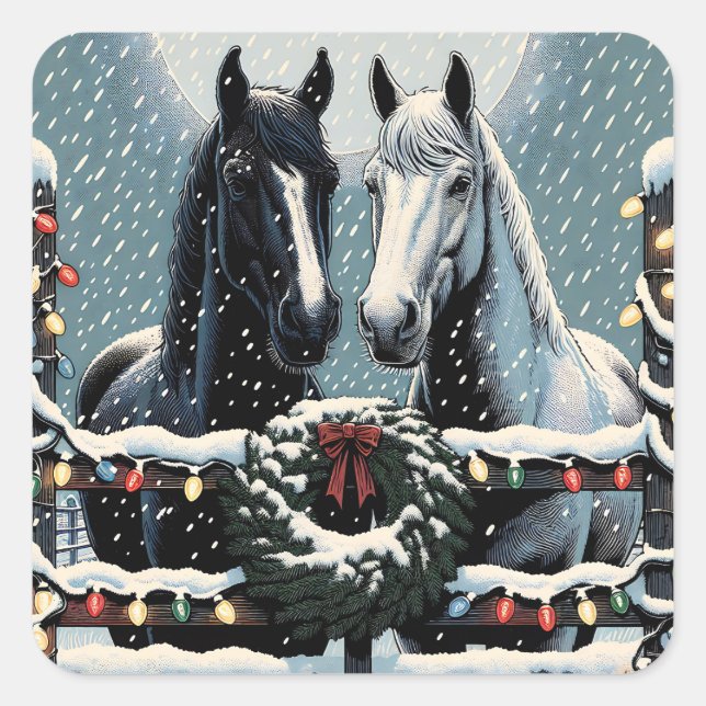 Festive Horses | Merry Christmas Square Sticker (Front)