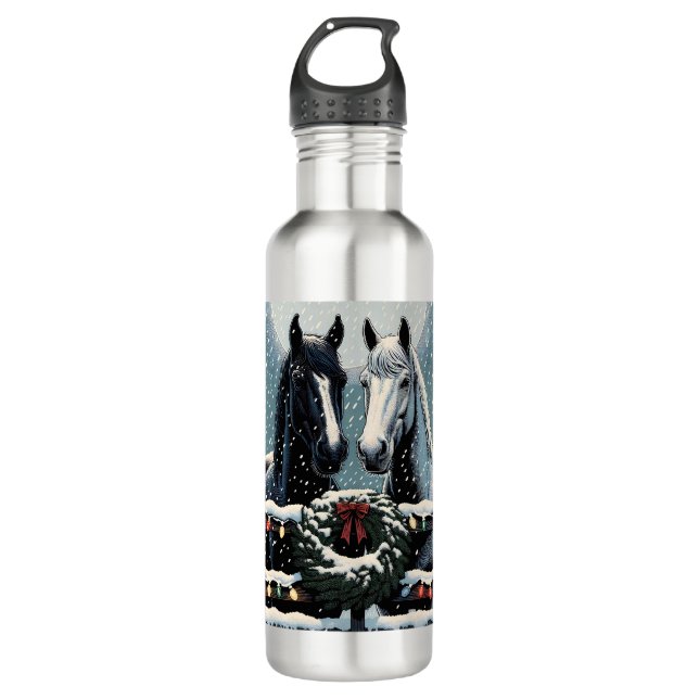 Festive Horses | Merry Christmas Stainless Steel Water Bottle (Front)