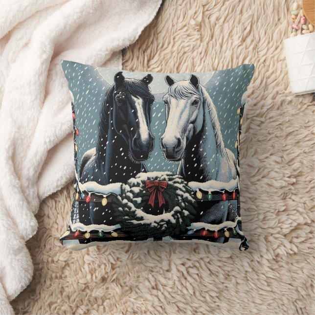 Festive Horses | Merry Christmas Throw Pillow (Blanket)